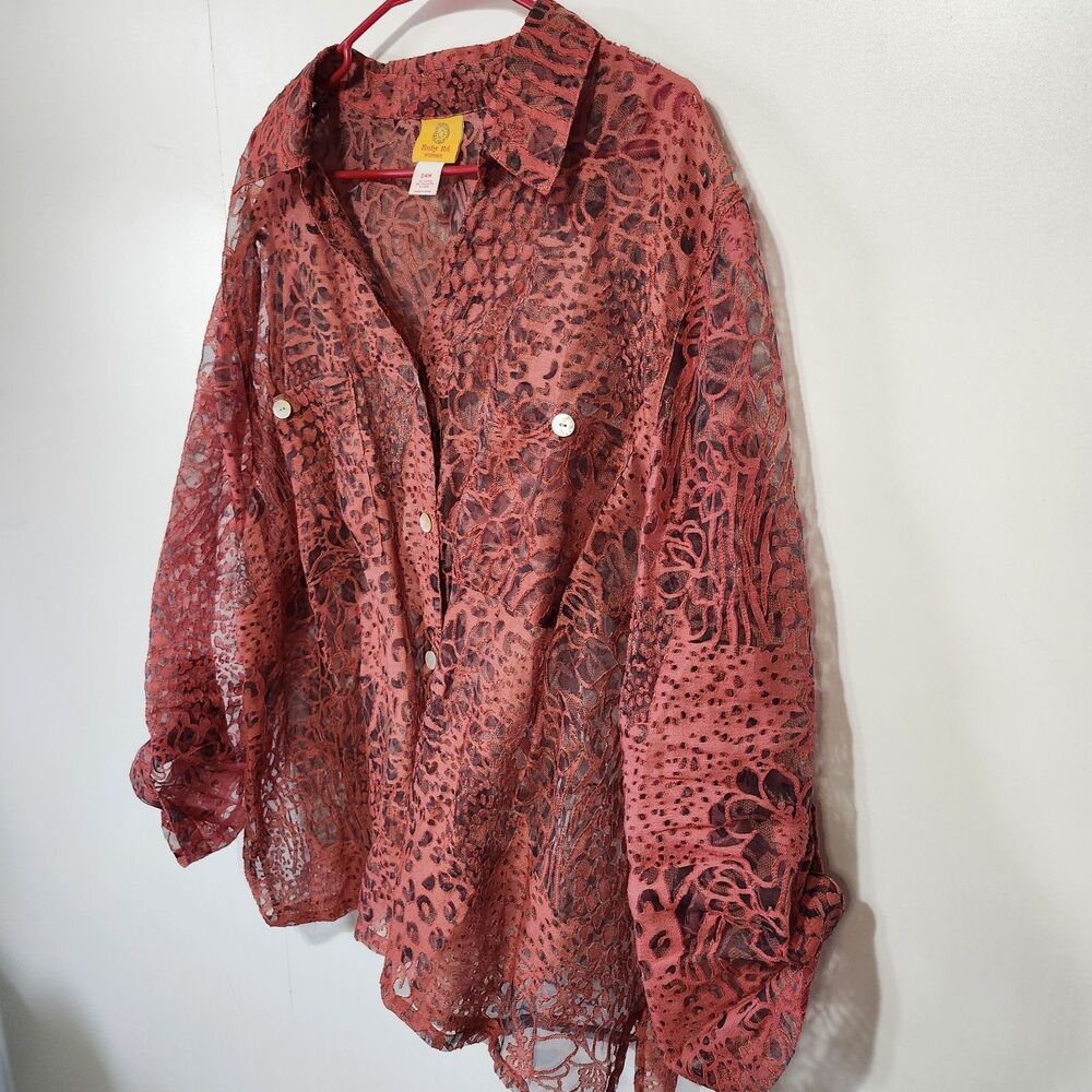 Ruby Rd Animal Print Button Down Blouse Coral Pink Long Sleeve Women’s 24W - Picture 2 of 9